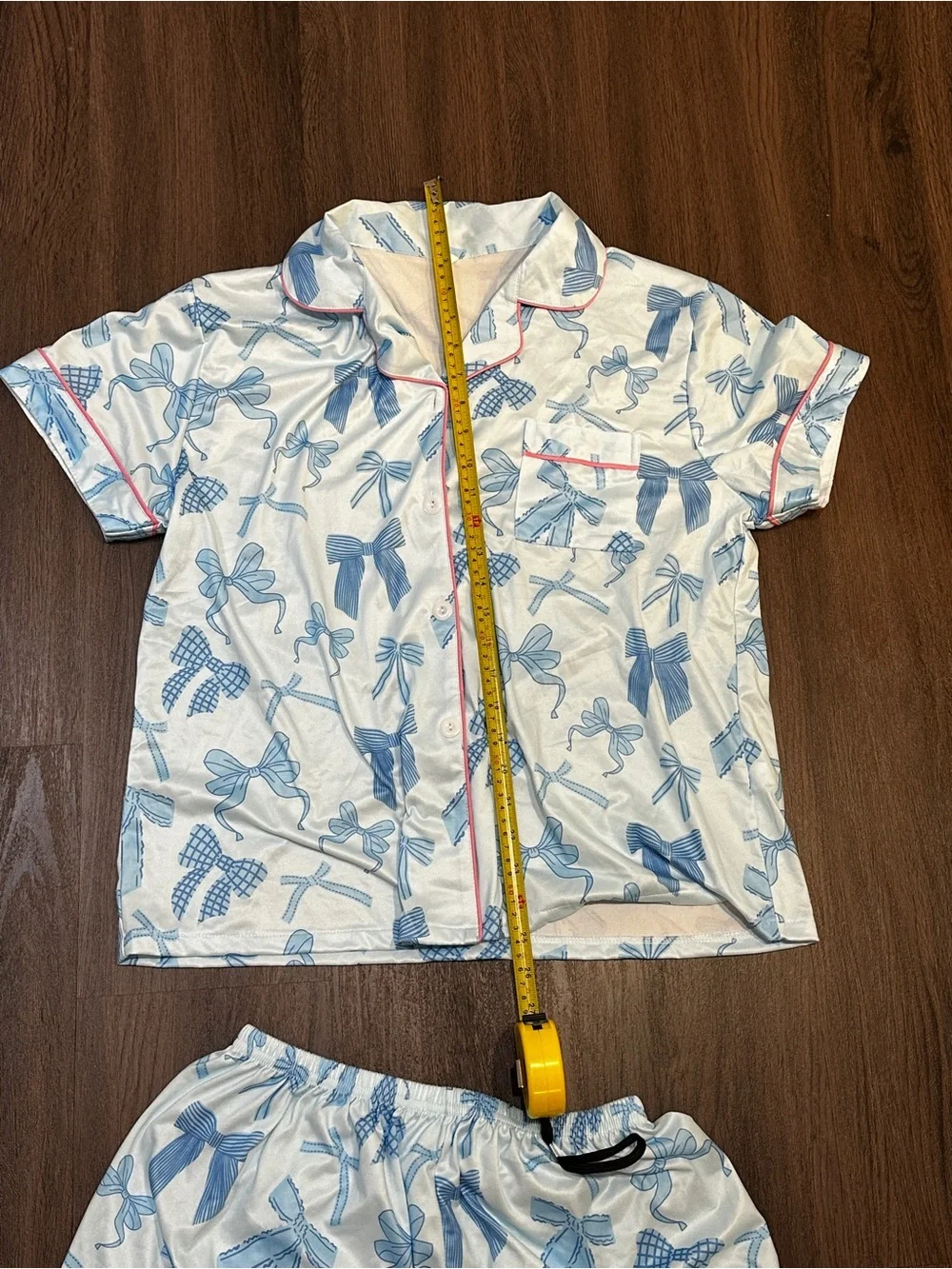 Girls Blue Bow Print Satin Pajama Set Coquette 2 Piece Button Front Shorts